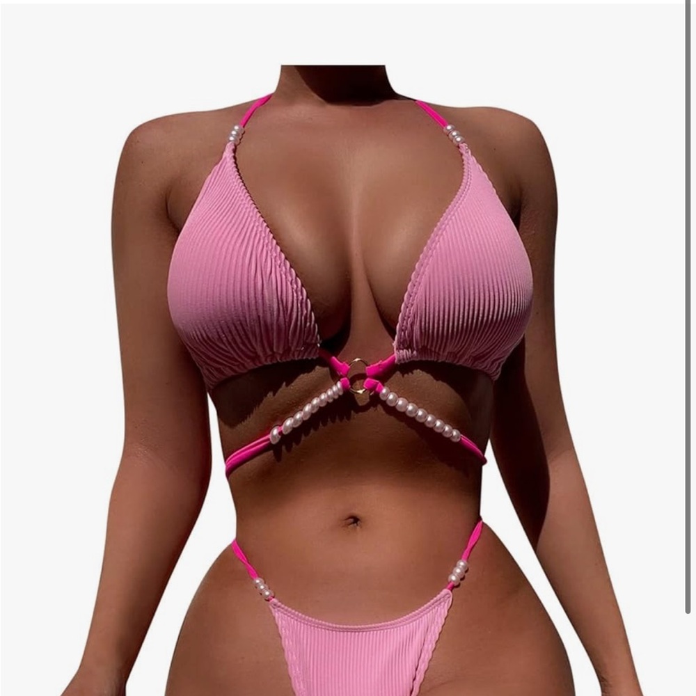 Pink Halter Bikini with Pearl Accents